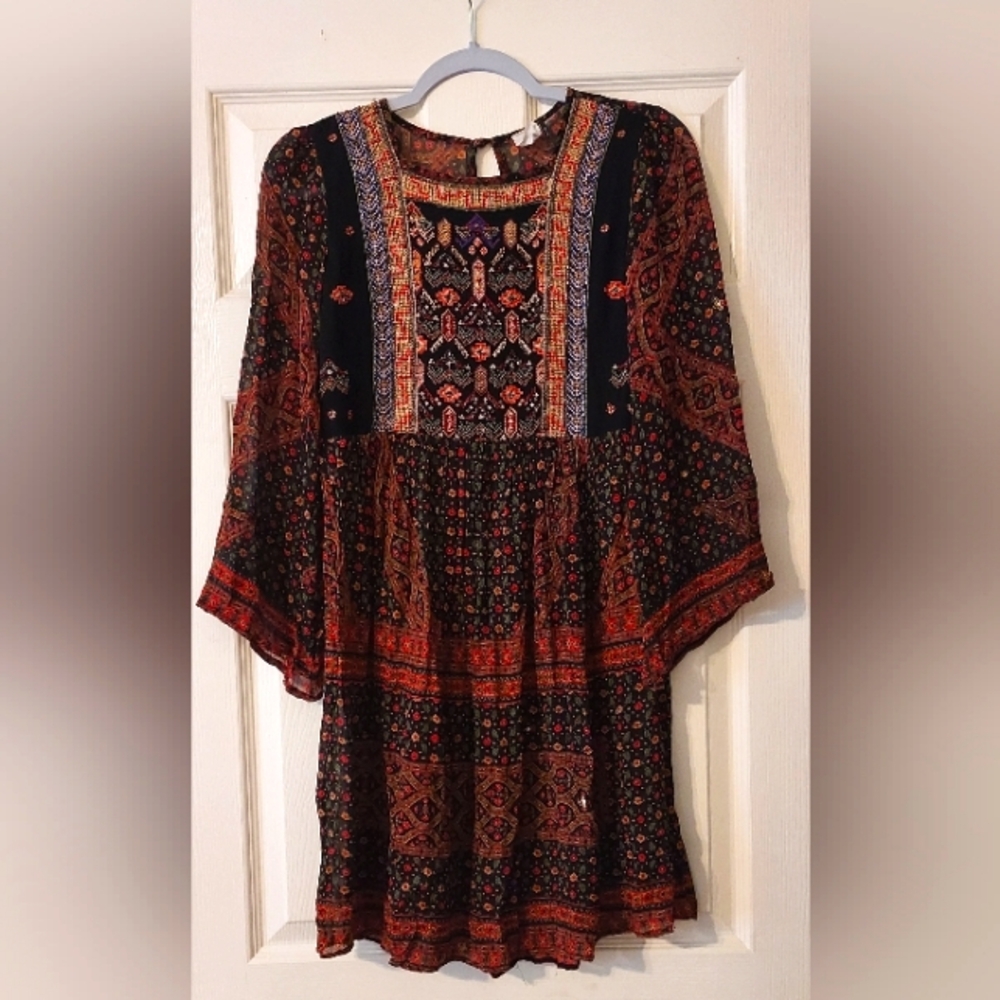Akemi + Kin Anthropologie Beaded Boho Festival Flowy Bell Sleeve Aztec Dress XXS